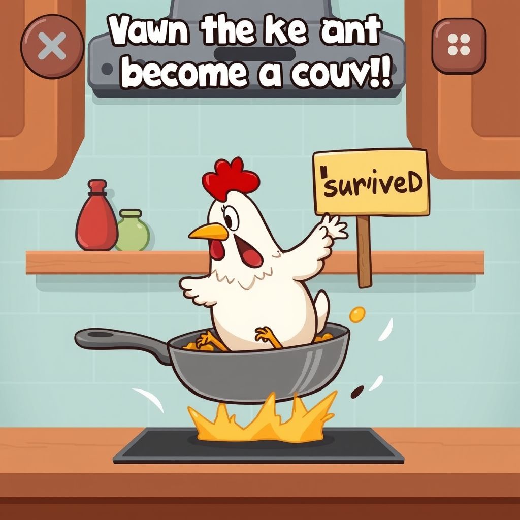 Курица машет из кастрюли с табличкой 'Я выжил'